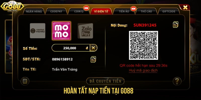 Hoàn tất các nội dung yêu cầu nạp tiền GO88 